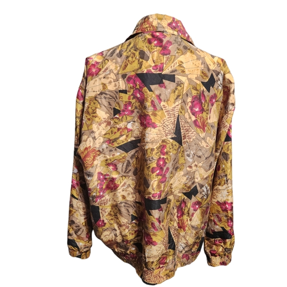 FUDA International VTG Jacket Women Large 100% Silk Floral Full Zip Bomber 80's - Picture 3 of 8